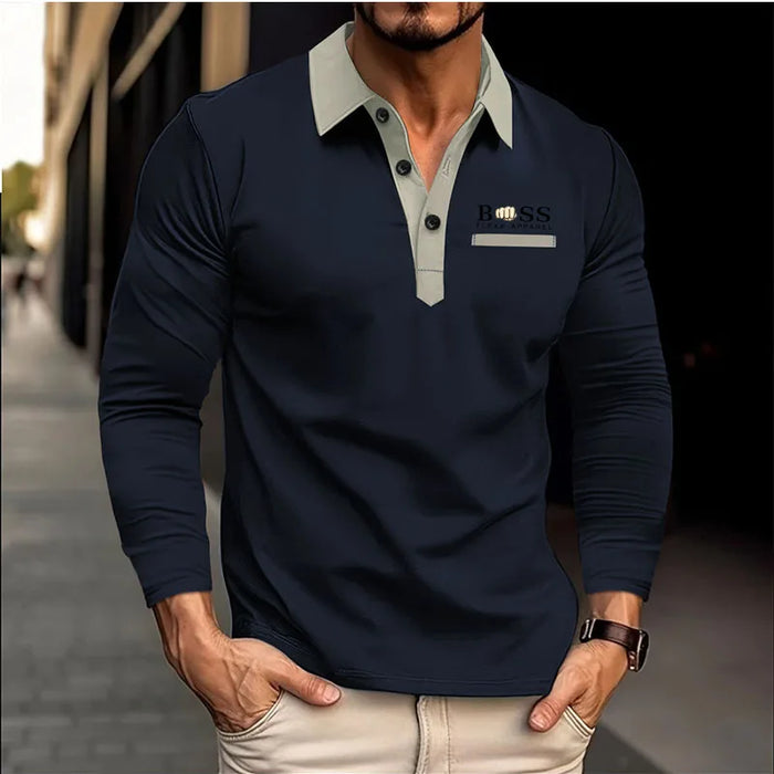 New men's autumn and winter leisure printed long sleeve POLO shirt High quality lapel button down T-shirt European size long sle