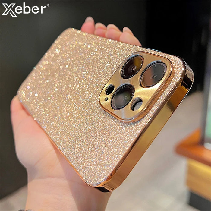 Luxury Plating Bling Glitter Rhinestones Gem Diamond Phone Case For iPhone 15 13 12 11 14 Pro Max Camera Protection Soft Cover