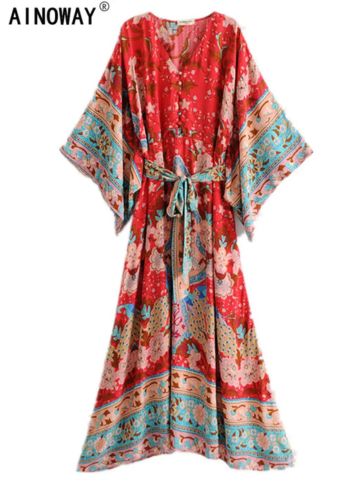 Vintage chic women red floral print bat sleeve beach Bohemian dresses Kimono  Ladies V neck sashes Boho maxi dress vestidos