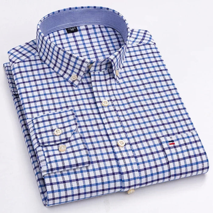 2023 Oxford Men Fashion 100% Cotton Thin Long Sleeve Casual Slim Solid Color Plaid Print Stripe Formal Dress Shirt Plus 7XL 6XL