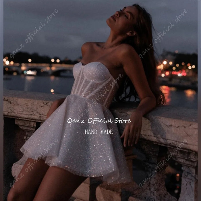 Qanz Sparkle Short Wedding Dresses Tulle Sweetheart A Line Bridal Gowns Above Kneen Length Party Dress Women Elegant Luxury 2024