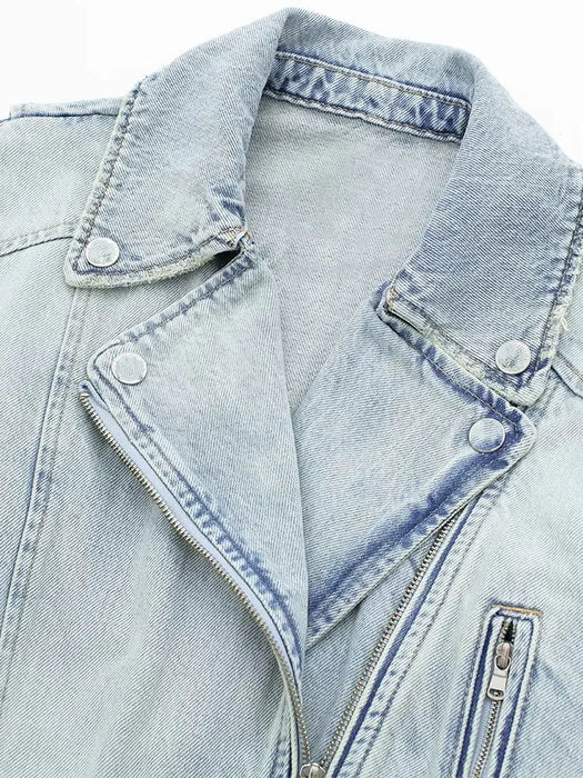 Nlzgmsj TRAF Women's Fashion Denim Biker Jacket Women Vintage Lapel Long Sleeve Zipper Belt Female Chic Coat