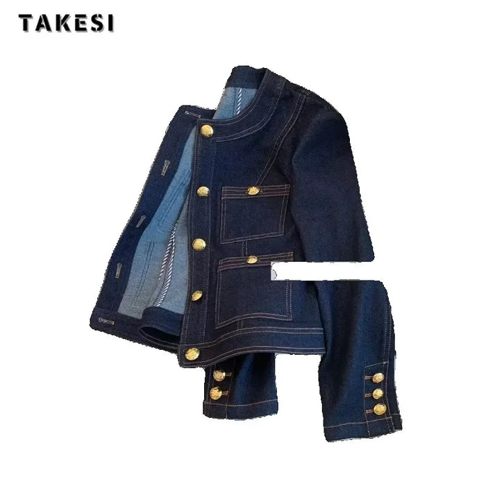 2024 Spring Winter Vintage Style Casual Blue Elegant Denim Jacket Women's Fashion Luxury Style Single Breatsed Loose Jean Coat