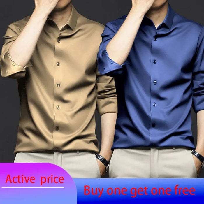 6XL Spring/Summer Formal Men's Fashion long-sleeved shirt Luxury wrinkle-proof non-ironed solid color business casual ice silk