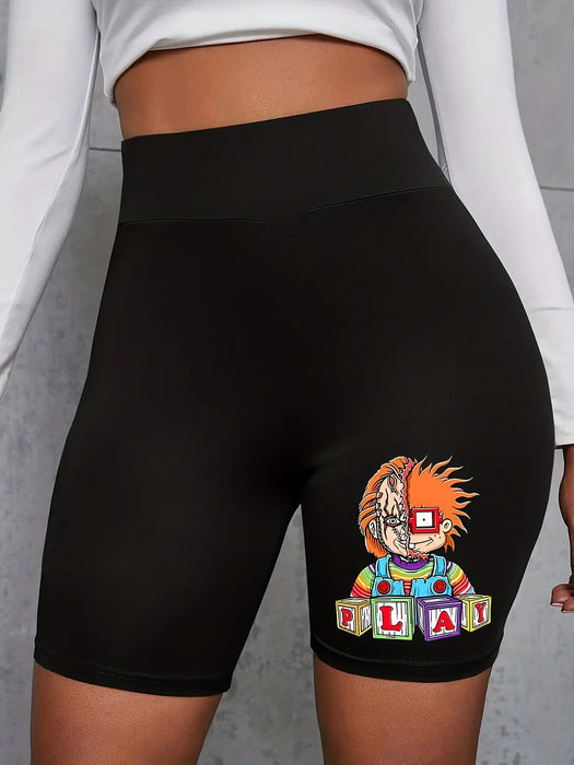 Plus Size Women's Casual Shorts, Summer Plus Cartoon Figure Printing High Rise High Elasticity Shorts Sports Leggings