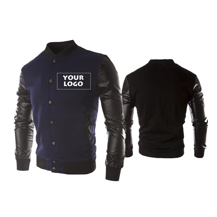 Custom Your Logo Pu Leather Sleeve Men's Patchwork Baseball Jacket Winter Autumn Male Outdoor Coat Streetwear