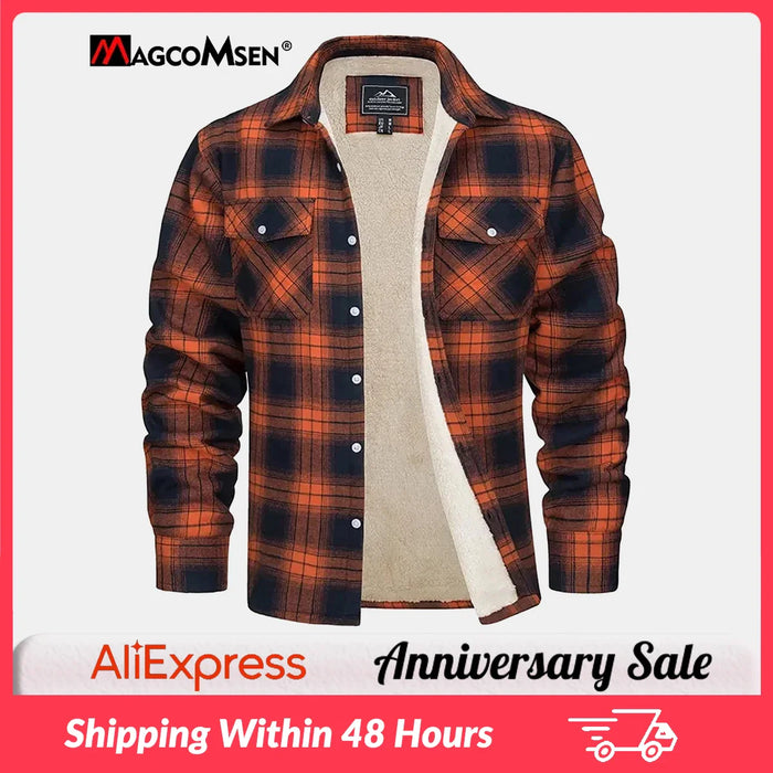 MAGCOMSEN Men's Fleece Plaid Flannel Shirt Jacket Button Up Casual Cotton Jacket Thicken Warm Spring Work Coat Sherpa Outerwear