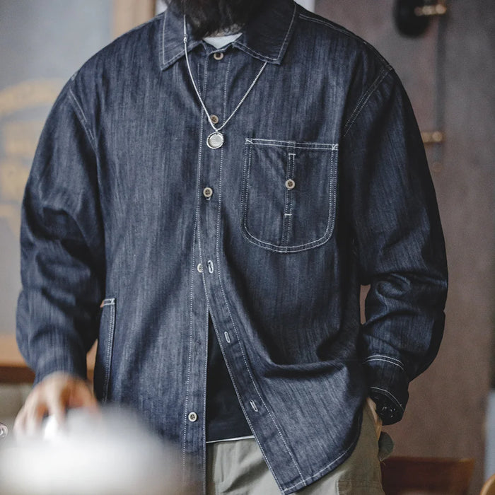 Maden 2023 Vintage Large Pockets Washed Denim Shirt Men's Casual 240g Button Down Long Sleeve Shirts Amekaji Loose Workwear Tops