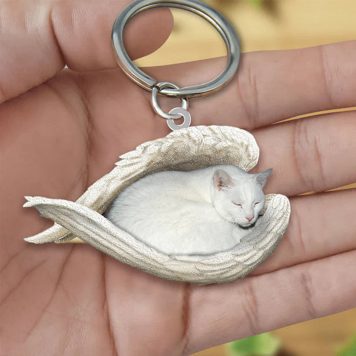 Sleeping Angel Acrylic Keychain White Cat