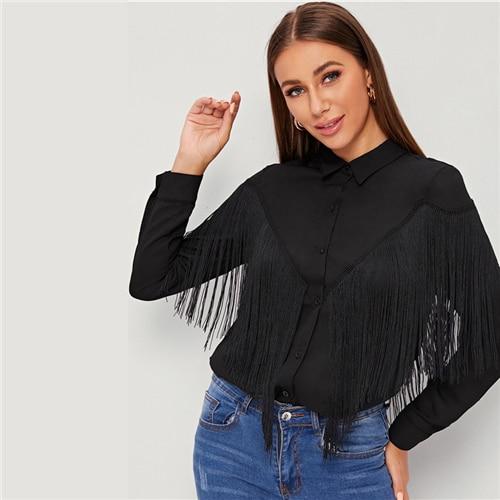 Harriet Chevron Fringe Blouse - Black